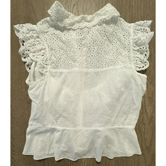 Walter Baker Eyelit flutter sleeve white Bib Collar Ruffle Shirt Small Coquette - Picture 7 of 11